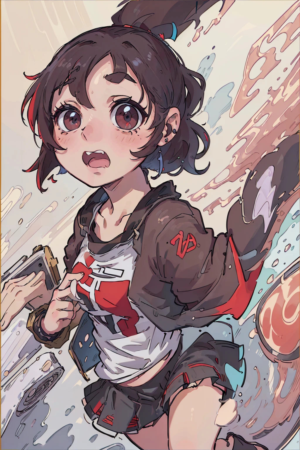 (8k, 4K, masterpiece, Extremely detailed:1.2) Highest quality, Portraiture, alone, Adult, Perfect Anatomy, One girl, Perfect Face, Expressive eyes, Perfect Eyes, T-Shirts, Run, , Tea Pillar Tenkō, Short Bob, Headphones, Earrings, Streetwear, graphic T-Shirts, Jacket, red and black checked skirt,Walking,Surprised