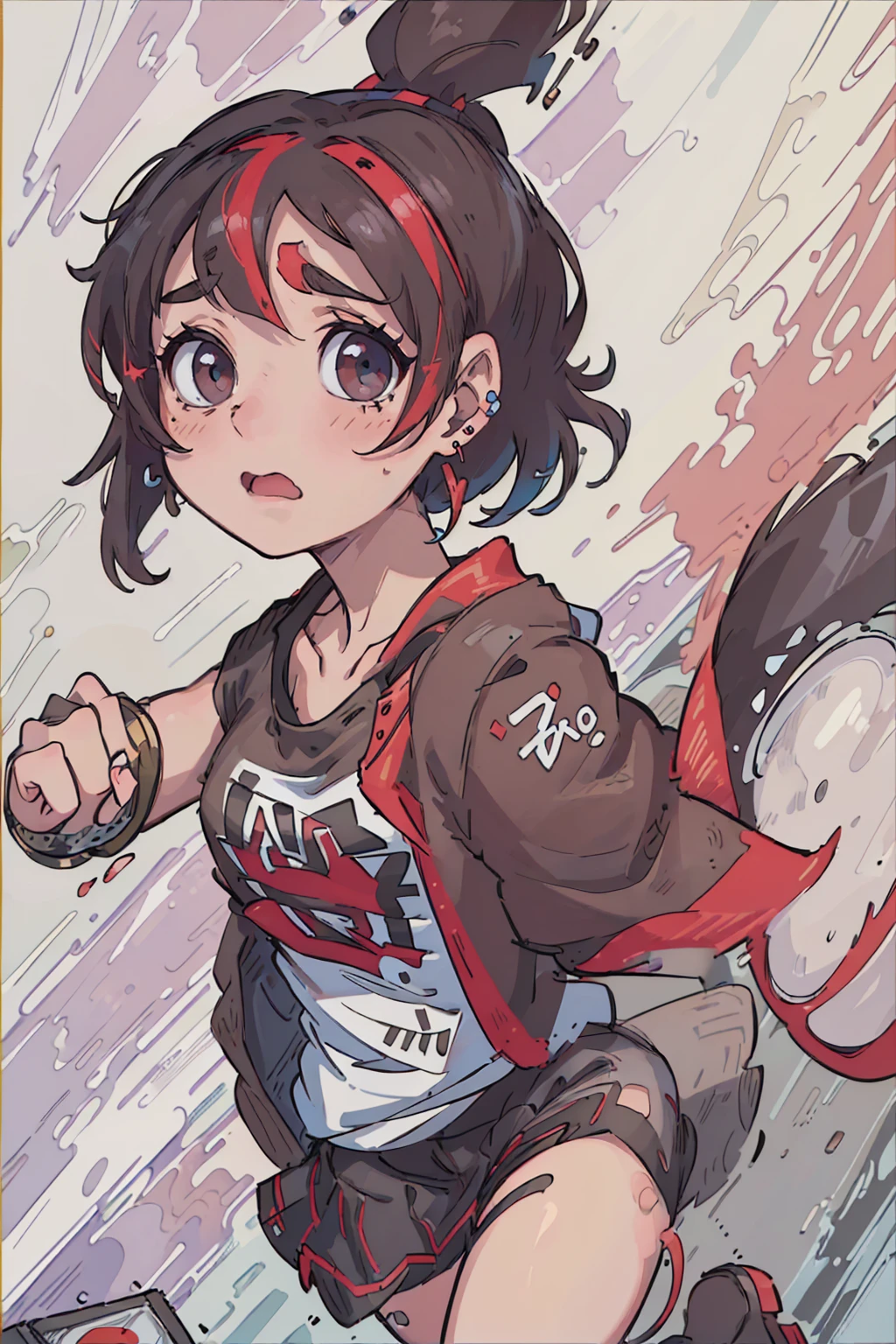 (8k, 4K, masterpiece, Extremely detailed:1.2) Highest quality, Portraiture, alone, Adult, Perfect Anatomy, One girl, Perfect Face, Expressive eyes, Perfect Eyes, T-Shirts, Run, , Tea Pillar Tenkō, Short Bob, Headphones, Earrings, Streetwear, graphic T-Shirts, Jacket, red and black checked skirt,Walking,Surprised
