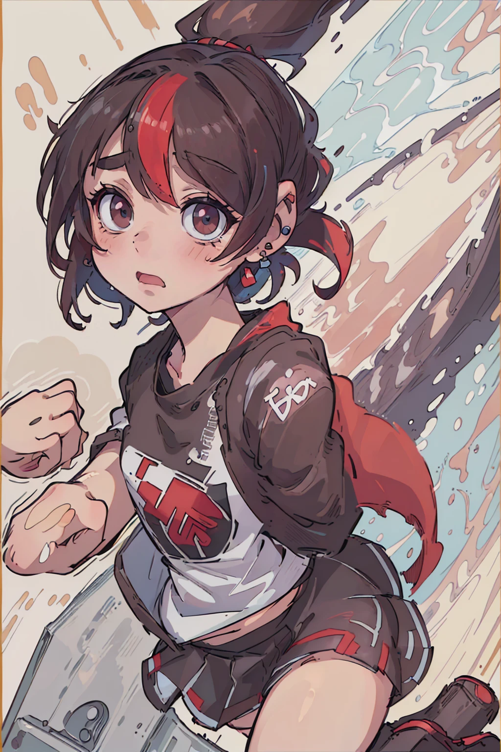 (8k, 4K, masterpiece, Extremely detailed:1.2) Highest quality, Portraiture, alone, Adult, Perfect Anatomy, One girl, Perfect Face, Expressive eyes, Perfect Eyes, T-Shirts, Run, , Tea Pillar Tenkō, Short Bob, Headphones, Earrings, Streetwear, graphic T-Shirts, Jacket, red and black checked skirt,Walking,Surprised