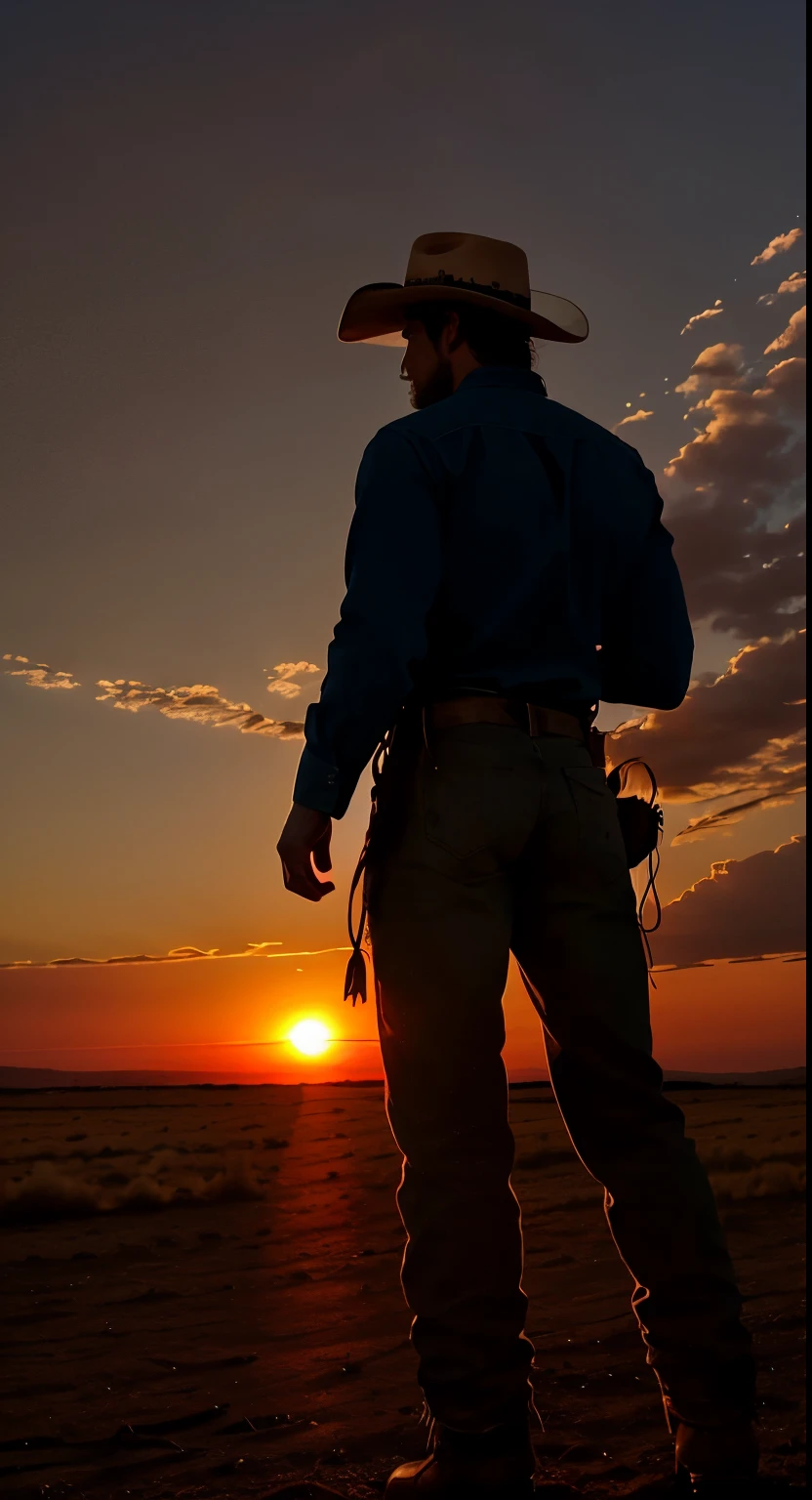 Create a cowboy in his last moments looking towards the most beautiful sunset that has ever been seen. 