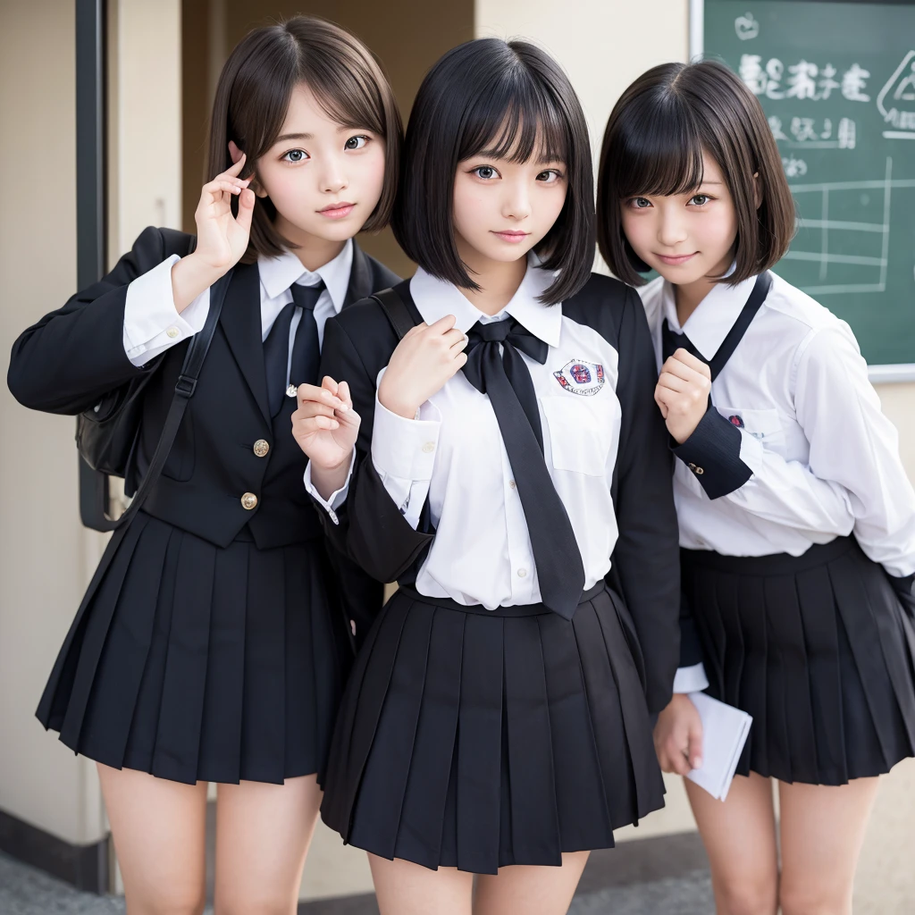 Japanese Girls、blonde、Black hairline、Bobcut、wearing uniform,Blushing、School
