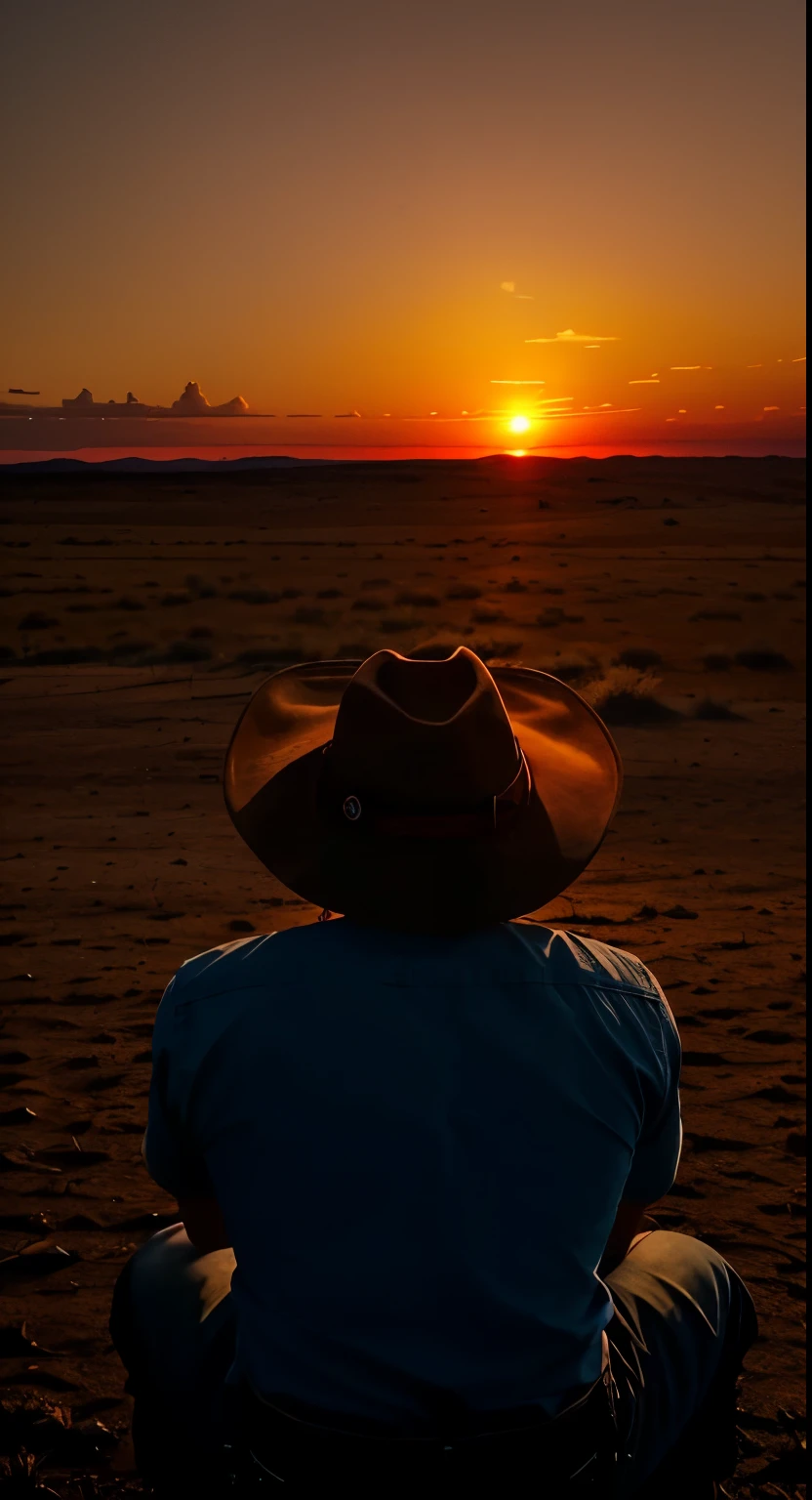 Create a cowboy in his last moments looking towards the most beautiful sunset that has ever been seen.