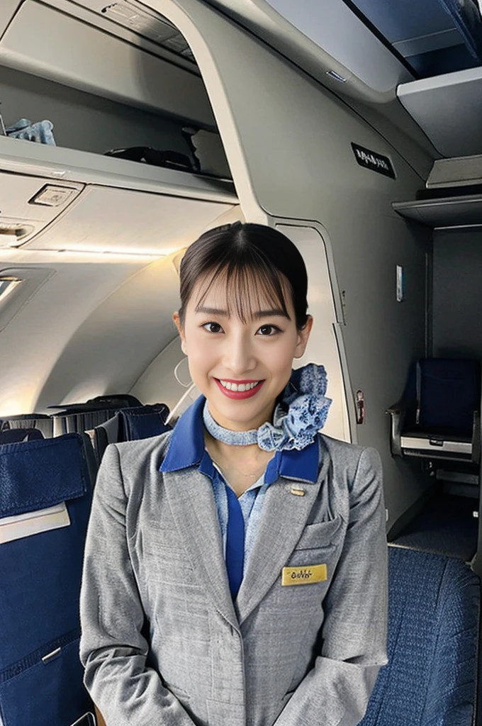 (8k、Highest quality、masterpiece、High resolution、Very clear pictures:1.2)、(Realistic, photo-Realistic:1.37)、(High color saturation:1.0)、(whole body:1.3)、(RAW Photos:1.1)、Standing pose、smile、Natural Breasts、Perfect lighting、One girl、24 year old Japan girl、((ANA、flight attendant、flight attendantのユニフォーム))、Black pantyhose、(aircraft,、aircraftの座席)、Perfect proportions、Wearing black pumps、Beautiful feet、Set hairstyle、Natural Makeup、Simple earrings、Light grey jacket and dark grey skirt、Blue shirt、Blue neck scarf、旅客機の通路に立っているflight attendant、Cabin Crew、Flight Attendant、Boeing 787、(Depth)、(Long Shot)、Detailed face、A wonderful flight
