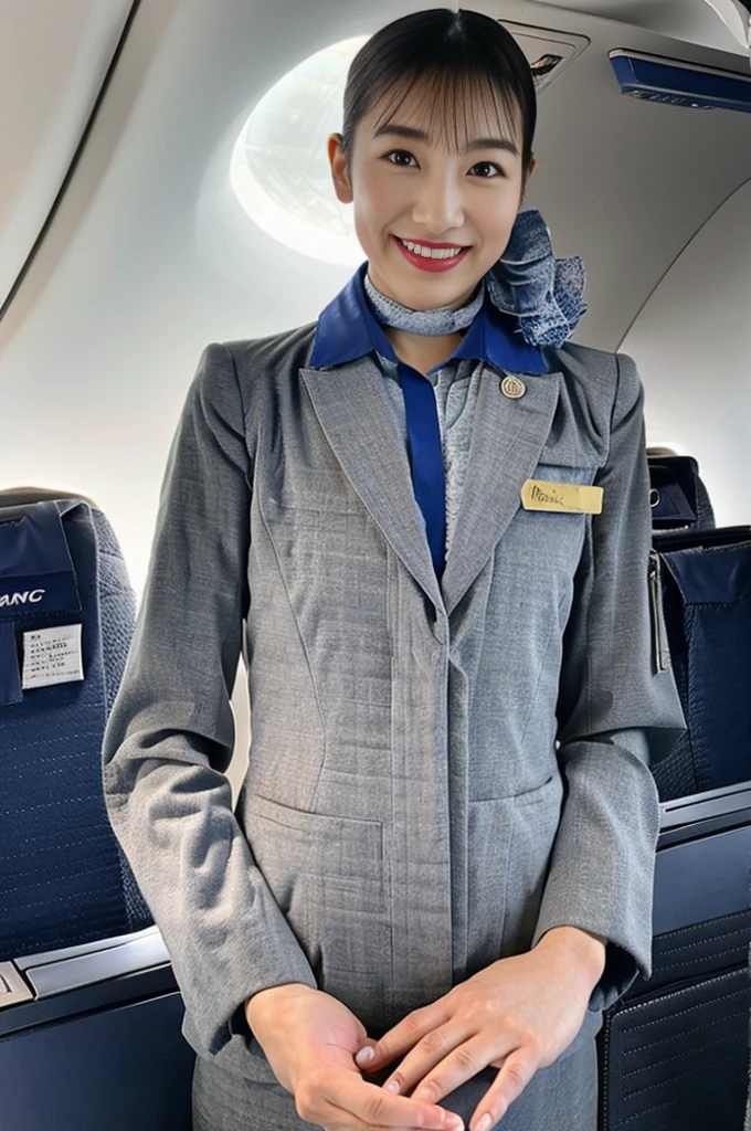 (8k、Highest quality、masterpiece、High resolution、Very clear pictures:1.2)、(Realistic, photo-Realistic:1.37)、(High color saturation:1.0)、(whole body:1.3)、(RAW Photos:1.1)、Standing pose、smile、Natural Breasts、Perfect lighting、One girl、24 year old Japan girl、((ANA、flight attendant、flight attendantのユニフォーム))、Black pantyhose、(aircraft,、aircraftの座席)、Perfect proportions、Wearing black pumps、Beautiful feet、Set hairstyle、Natural Makeup、Simple earrings、Light grey jacket and dark grey skirt、Blue shirt、Blue neck scarf、旅客機の通路に立っているflight attendant、Cabin Crew、Flight Attendant、Boeing 787、(Depth)、(Long Shot)、Detailed face、A wonderful flight