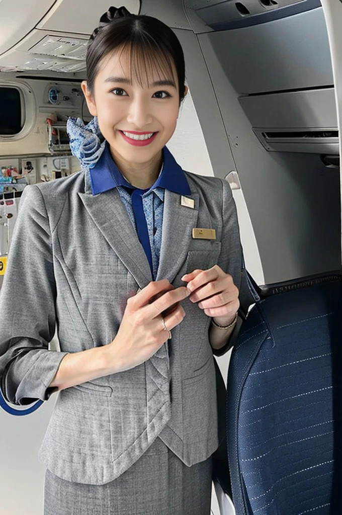 (8k、Highest quality、masterpiece、High resolution、Very clear pictures:1.2)、(Realistic, photo-Realistic:1.37)、(High color saturation:1.0)、(whole body:1.3)、(RAW Photos:1.1)、Standing pose、smile、Natural Breasts、Perfect lighting、One girl、24 year old Japan girl、((ANA、flight attendant、flight attendantのユニフォーム))、Black pantyhose、(aircraft,、aircraftの座席)、Perfect proportions、Wearing black pumps、Beautiful feet、Set hairstyle、Natural Makeup、Simple earrings、Light grey jacket and dark grey skirt、Blue shirt、Blue neck scarf、旅客機の通路に立っているflight attendant、Cabin Crew、Flight Attendant、Boeing 787、(Depth)、(Long Shot)、Detailed face、A wonderful flight