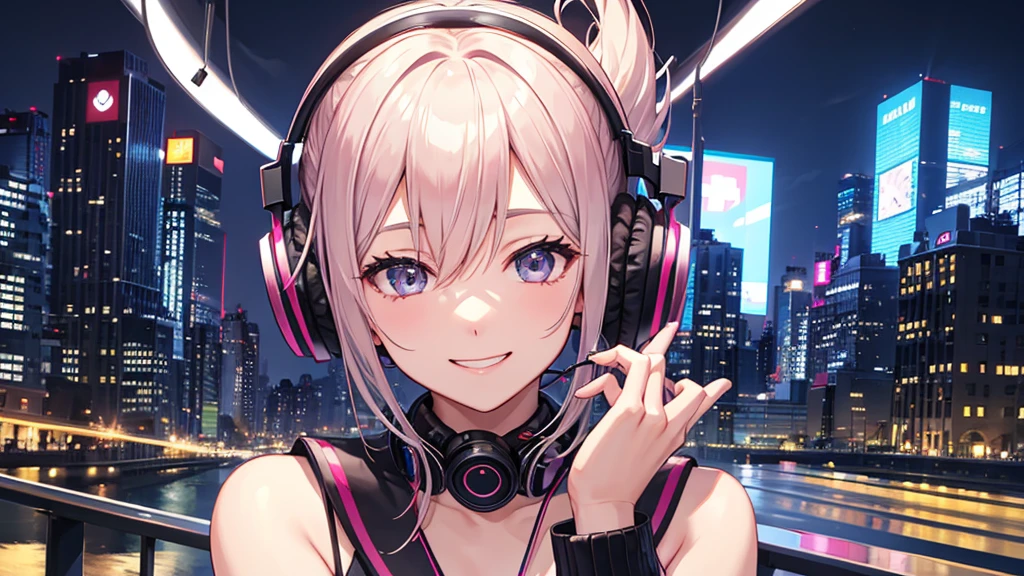 Listening to music through headphones、Smiling woman、New York at Night