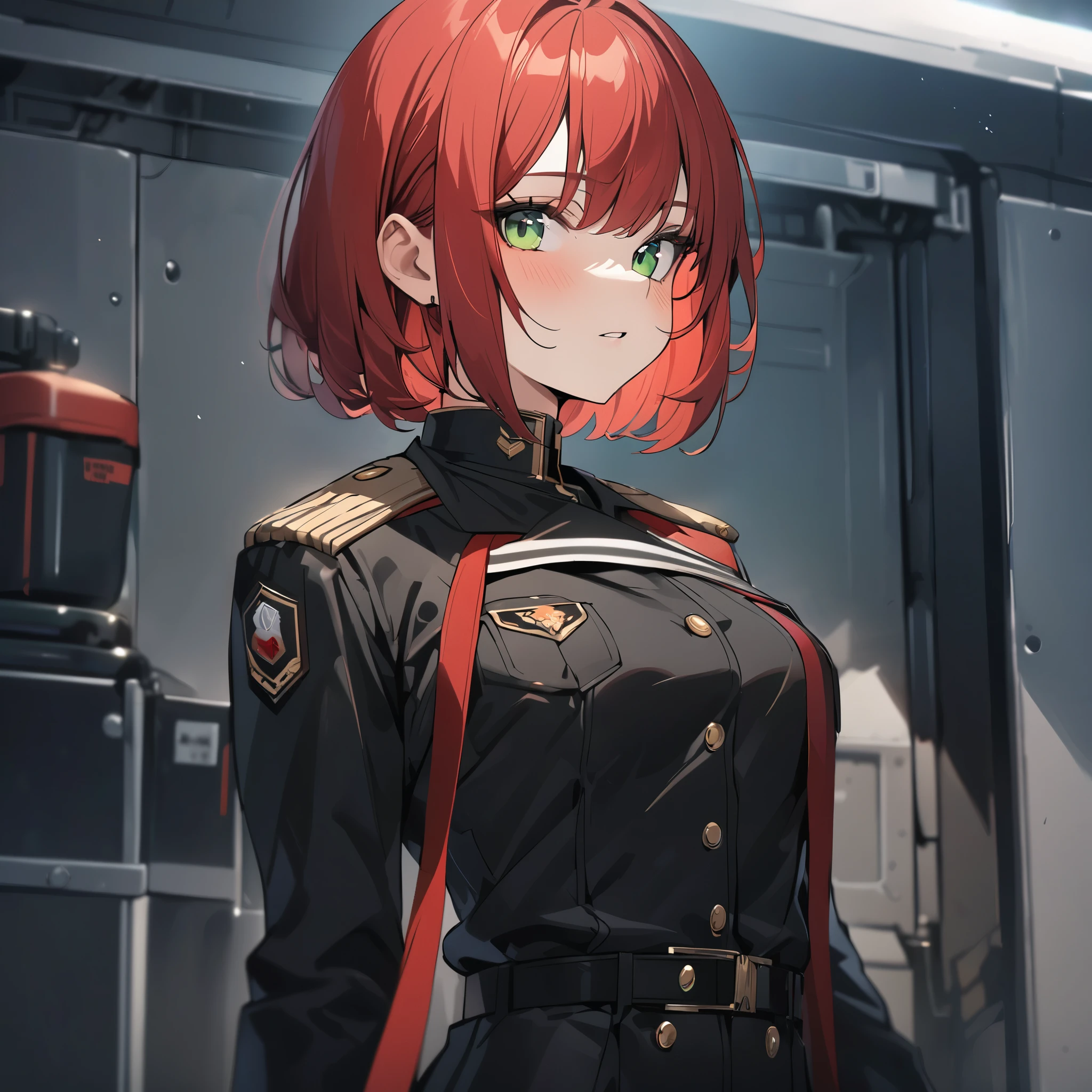 High quality, HD, 4k, Beautiful girl, teenager, red hair, green eyes, shprt hair, bob cut, medium breast, black military uniform