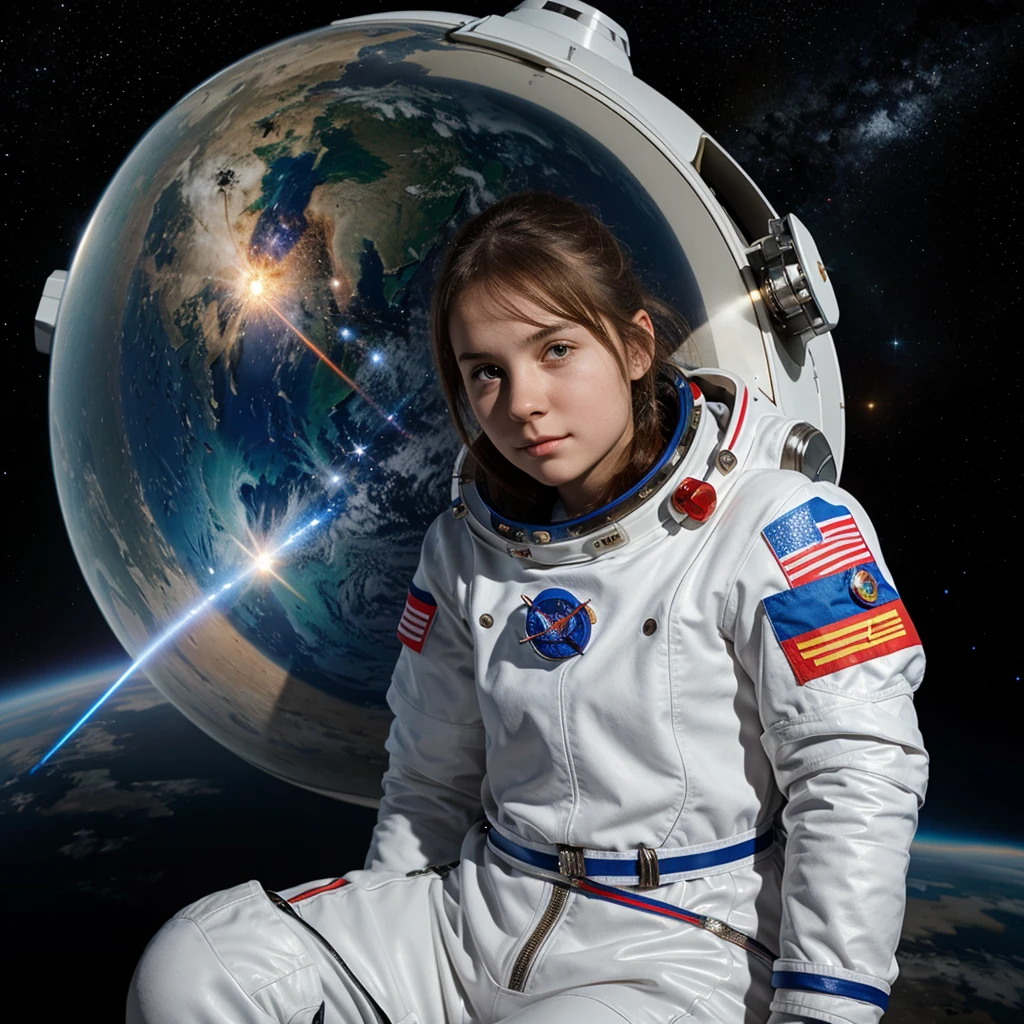 Girl in a spacesuit with a Russian flag on her shoulder, with the inscription Russia, sits and looks into the eluminator