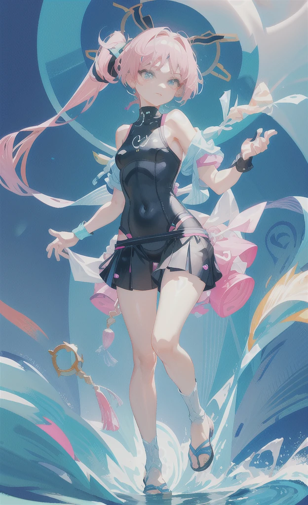 (Character Design、Full-body portrait )Cute swimsuit girl、Pink Hair、The hairstyle is a short ponytail 、Odd Eye 、The color of the swimsuit is light green. 、She's making a cute pose