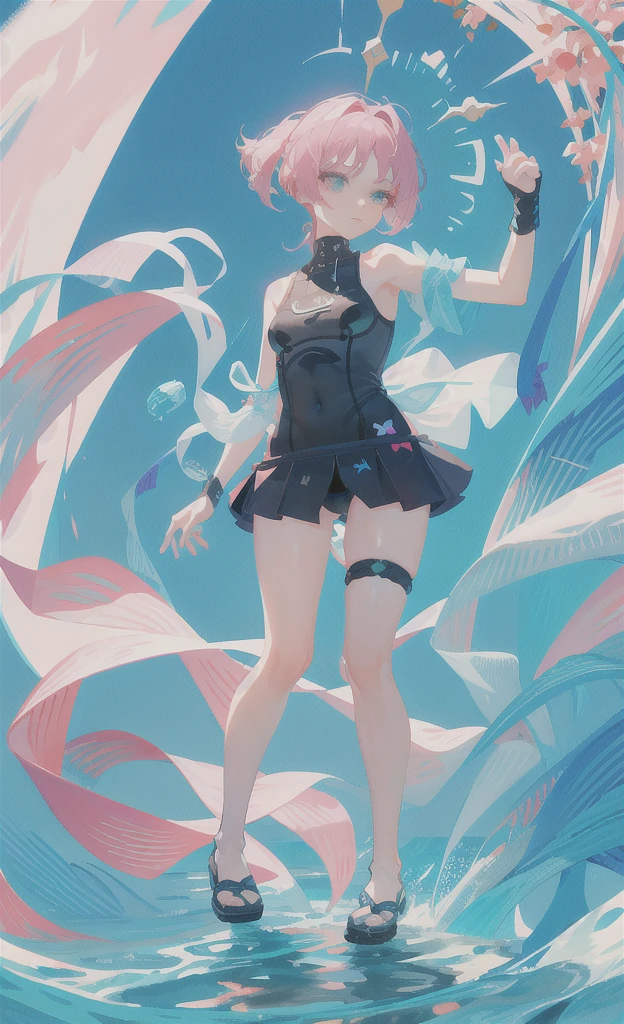 (Character Design、Full-body portrait )Cute swimsuit girl、Pink Hair、The hairstyle is a short ponytail 、Odd Eye 、The color of the swimsuit is light green. 、She's making a cute pose