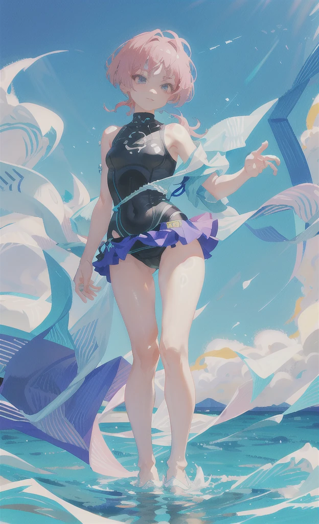 （Character Design、Full-body portrait ）Cute swimsuit girl、Pink Hair、The hairstyle is a short ponytail 、Odd Eye 、The color of the swimsuit is light green. 、She&#39;s making a cute pose
