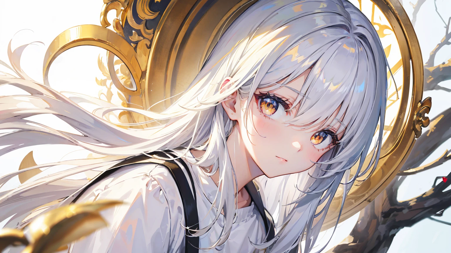 Highest quality, masterpiece,カラフルなhair, Golden Eyes,White casual clothes, look up, ,hair,White skin,