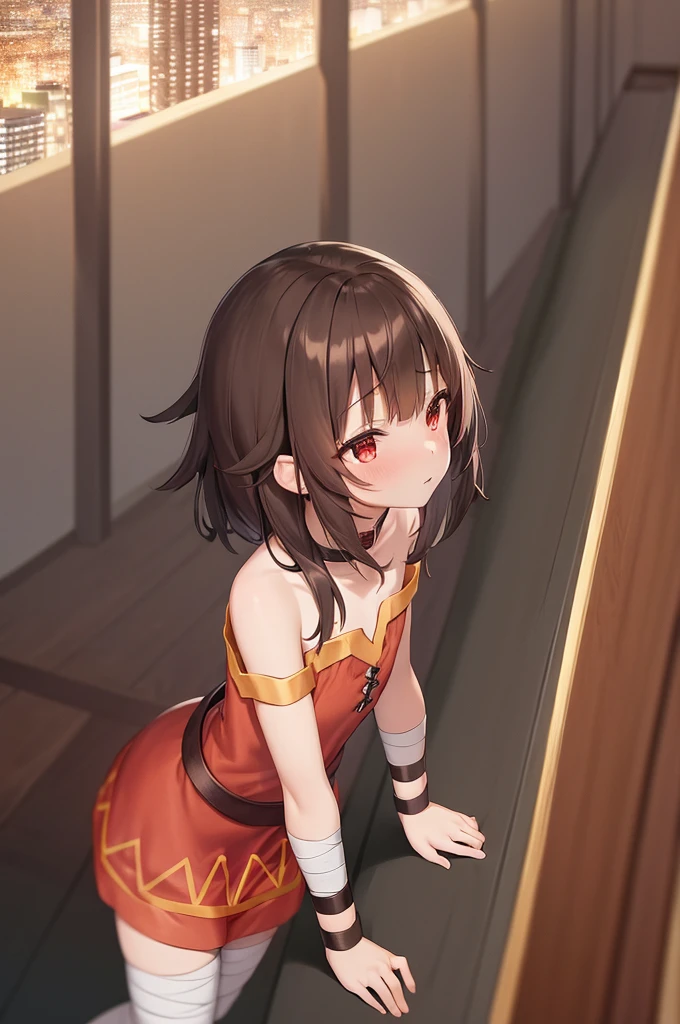 Megumin, One girl,alone,Short and long hair,Brown Hair,Red Eyes,Small breasts,clavicle,Red dress,Gold border,Black choker,Bandage on leg,Hotel Rooms,Night view of skyscrapers,Orange lighting,Top view,Looking down angle,