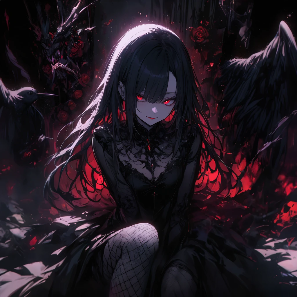(dark atmosphere,gothic fashion,bright colors),(best quality,Super exquisite,),Sexy goth Vampire girl,In the rose garden at night,Beautiful and delicate eyes,Straight black ponytail with blue tips,Crow feathers,red lipstick,mysterious smile,Pale complexion,fishnet stockings,black dress,Pointed-toe bootysterious aura,The moonlight illuminates her elegant silhouette,Soft shadows and soft highlights,Contrasting colors create a vibrant atmosphere,dark and moody color palette,Subtle yet dramatic lighting effects,Sublime darkness intertwined with exquisite moonlight, She's tall and mature, red tone, beautiful pretty face, long hair