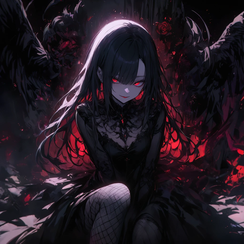 （dark atmosphere，gothic fashion，bright colors），（best quality，Super exquisite，），Sexy goth Vampire girl，In the rose garden at night，Beautiful and delicate eyes，Straight black ponytail with blue tips，Crow feathers，red lipstick，mysterious smile，Pale complexion，fishnet stockings，black  dress，Pointed-toe bootysterious aura，The moonlight illuminates her elegant silhouette，Soft shadows and soft highlights，Contrasting colors create a vibrant atmosphere，dark and moody color palette，Subtle yet dramatic lighting effects，Sublime darkness intertwined with exquisite moonlight, She's tall and mature, red tone, beautiful pretty face, long hair