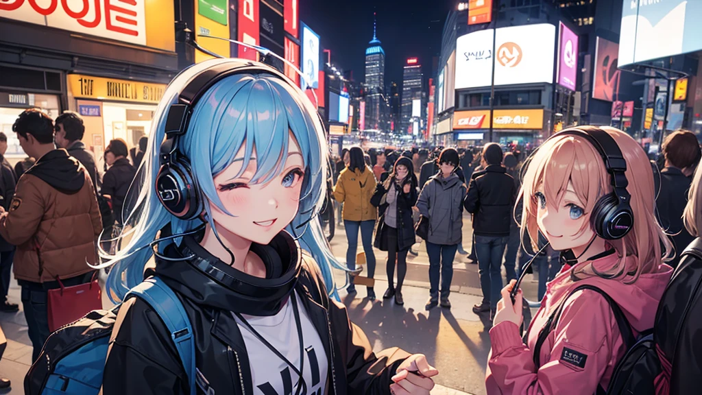 Listening to music through headphones、Smiling woman、New York at Night