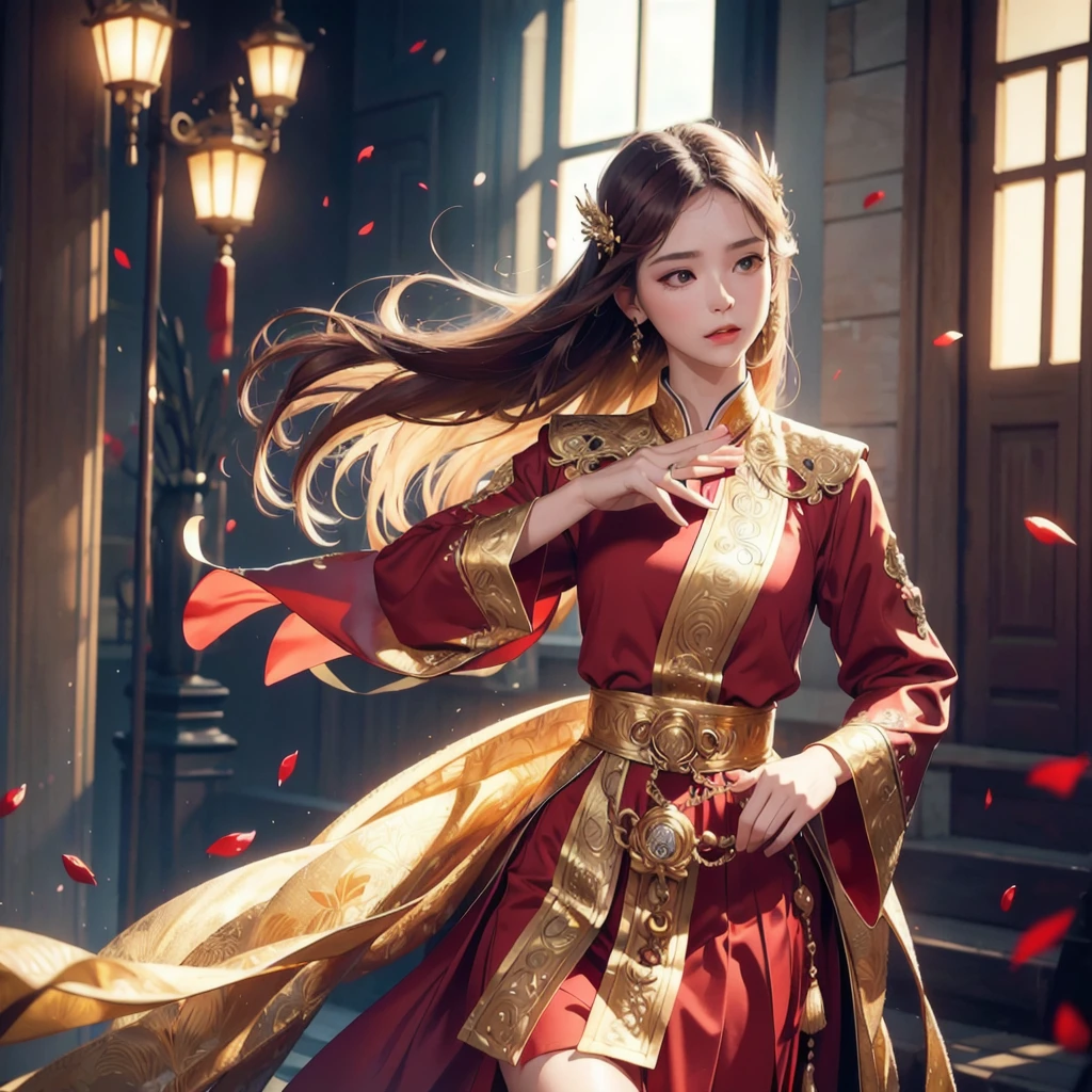 best quality, masterpiece, highres, (exquisite body:1.5),gorgeous face,(milky skin:1.3),intricate details,high resolution,wallpaper,
1girl, solo, dress, hair ornament, (((gold and red dress))), flowers, long hair, brown hair, closed mouth, jewelry, long sleeves, hand up, wide sleeves, big eyes,floating hair, chinese clothes, hanfu, embroidery, long skirt, natural pose, falling petals, indoor,fanning, lantern,
16K,HDR,highres,depth field,(film grain:1.1),boken,golden hour,(lens flare),vignette,rainbowing,(color grading:1.5)