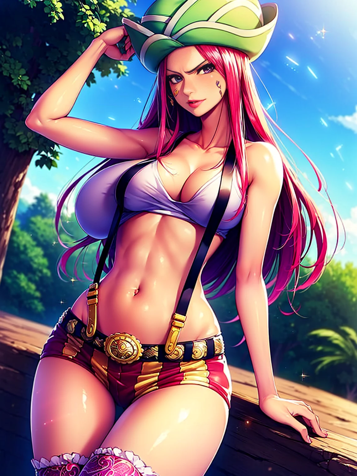 SEXY GIRL IN A PROVOCATIVE POSE, CUTE SEMI-NAKED GIRL, ((top quality, 8k, masterpiece:1.3)), Detailed eye, (looking from the front), looks at the camera, ((Everything is sparkling、light-reflecting:1.2)), (Best ratio: 4 fingers, 1 thumb), (portrait), (((Jewelry Bonney from One Piece))), JewelryBonneyV2, half body shot, 1girl, only, pretty face, long hair, pink hair, a, ((thin girl, huge breasts, hyper detailed lips)), red lips, (thigh highs, shorts, suspenders, boots, purple eyes), navel, diaphragm, crop top, belt , suspender shorts, intricate detailed background, barren land, rocks, ocean, natural environment, Contrast, Nervous, blush,