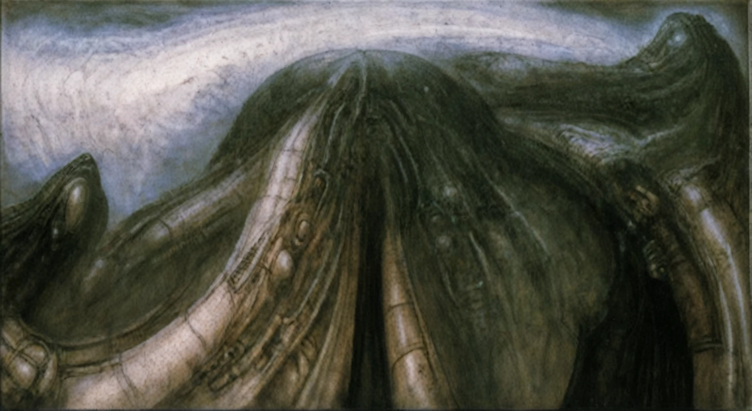 Create biomechanical tableau with some of the artistic techniques and compositional features used in /"Necron IV/” by h r (Hans Rudie) giger:
The image depicts a complex, sprawling city made of dark ivory, metal and wires. The city is densely packed with loops and twists, resembling a massive, intricate machine.
The painting is composed around a central focus of bone-like celestial formations and tectonic weathering structures with a phallic spine. This central form is the most detailed and brightly lit part of the painting, and it draws the viewer's eye in.The central focus is emphasized by the use of light and shadow. The light source is coming from the top left of the painting, and it casts a bright spotlight on the scene.
Biomorphic forms: The biomechanical forms in the painting are inspired by biological organisms, but they are also machine-like. These forms create a sense of unease and discomfort, as they blur the line between the natural and the artificial
. The image is highly detailed and intricate, uses, with transparent organs and bones exposed). The piece has a thick mechano-organic texture and is covered in fine details. The image has a swirling, organic quality to it. The artistic manner would be unmistakably Gigeresque. A dark and unsettling beauty would permeate the piece, blurring the lines between fascination and repulsion , forever haunted by the grotesque allure. Giger's signature artistic manner would be evident in every stroke. The airbrush would be wielded with masterful precision to create a hyperrealistic yet nightmarish aesthetic.,hrgiger,H.G. Giger Style, Biomechanics,HRGigerArhP style