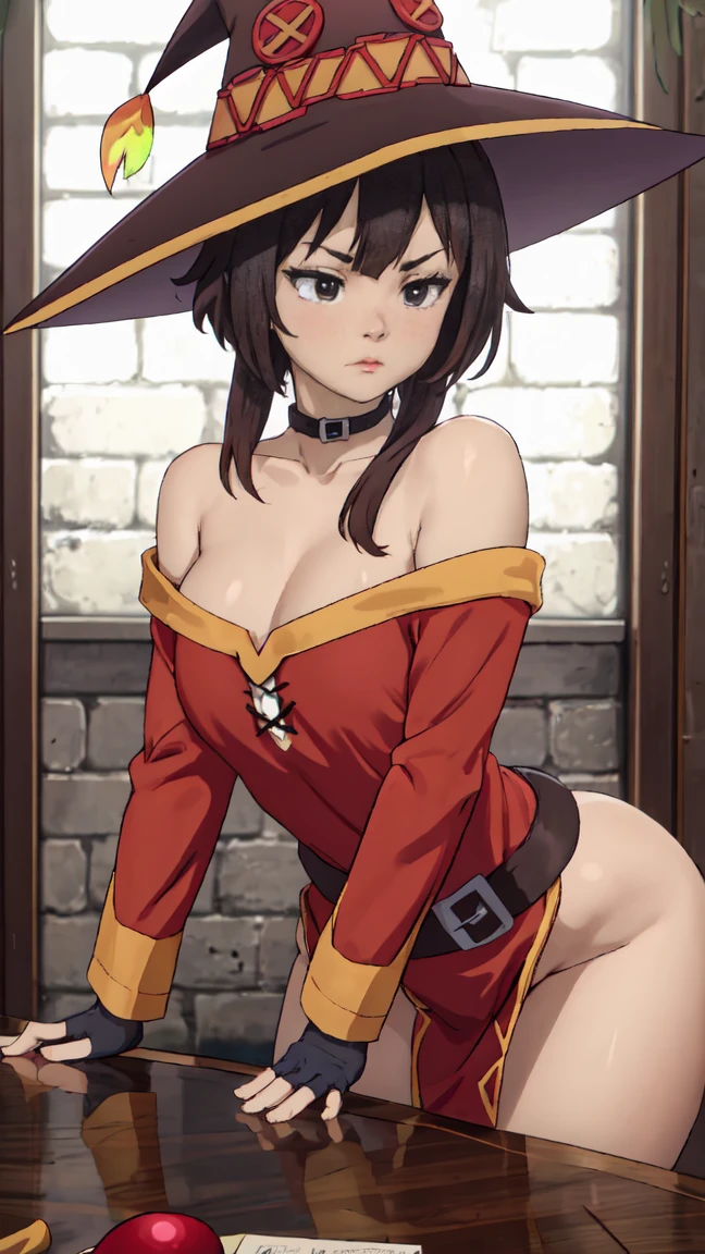 score_9, score_8_up, score_7_up, score_6_up, seductive expression, twisted torso, I-no from Guilty Gear, black hair, iridescent eyes, bobcut, red witch hat, cropped red jacket, cleavage, underboob, bare shoulders, detached sleeves, fingerless gloves, red lipstick, mole on lip, nail polish, eyeshadow, full lips, nipple slip, busty, red leather microskirt, round ass, exposed thong, (detailed eyes), rooftop, night, source_anime, rating_explicit 