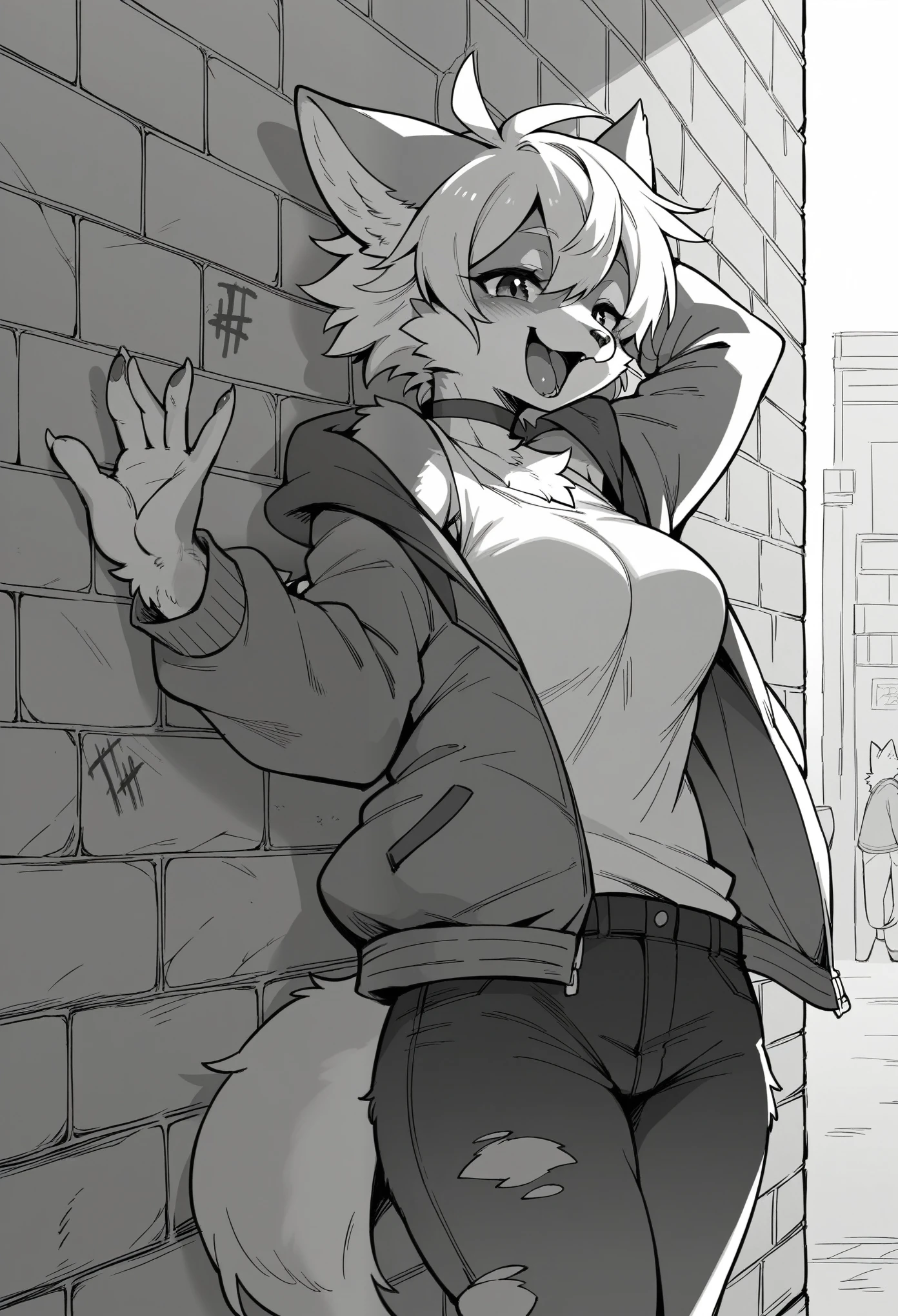 cover page, highres, top quality, best quality, paid reward available, unparalleled masterpiece, perfect artwork, absurdres, High-quality illustrations, laughing, perfect anatomy, lineart, monochrome, 1girl, kemono, furry, anthro, choker, shirt, torn legwear, open jacket, against wall, brick wall, graffiti, dim lighting, alley, dynamic angle,