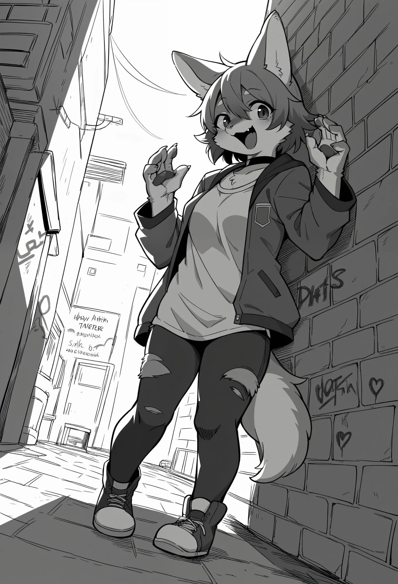 cover page, highres, top quality, best quality, paid reward available, unparalleled masterpiece, perfect artwork, absurdres, High-quality illustrations, laughing, perfect anatomy, lineart, monochrome, 1girl, kemono, furry, anthro, choker, shirt, torn legwear, open jacket, against wall, brick wall, graffiti, dim lighting, alley, dynamic angle,