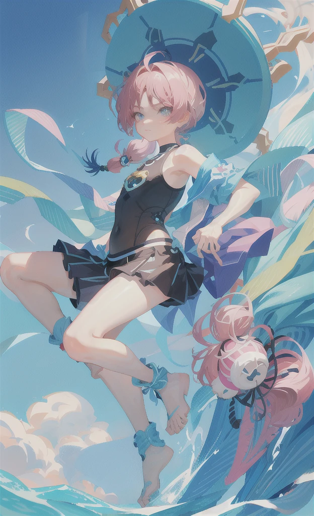 (Character Design、Full-body portrait )Cute swimsuit girl、Pink Hair、The hairstyle is a short ponytail 、Odd Eye 、The color of the swimsuit is light green. 、She's making a cute pose