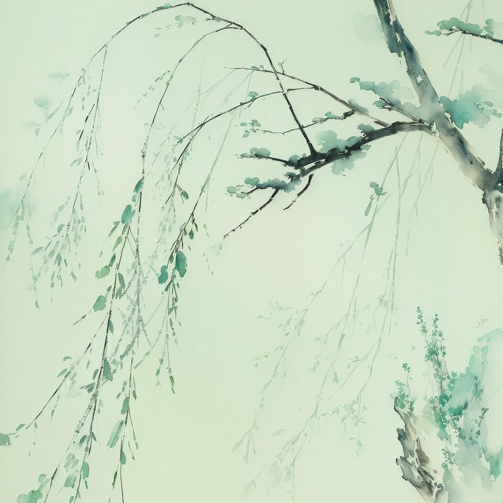 Watercolor,Chinese scenery,Oriental Aesthetics,Fresh and elegant color,Ink,中式Ink画,traditional Chinese painting,spring,竹子Watercolor,bamboo forest,Ink Painting,Branches