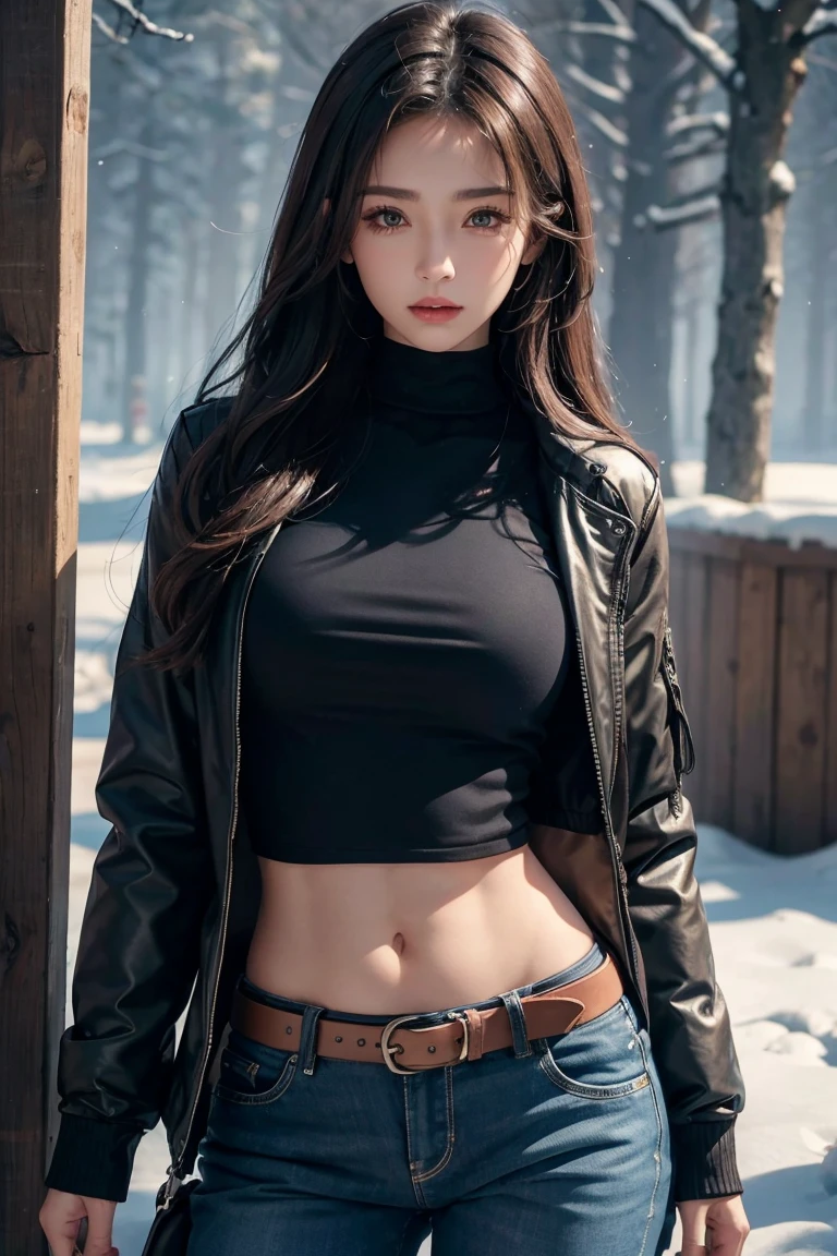 girl in winter scene, Short down jacket with exposed navel,Long sleeve,Zip up your clothes,Sexy abs,Low-rise pants, Metal belt,cowboy shot, The abdomen is completely exposed, Detailed facial features, beautiful eyes, Lips, and long eyelashes, Reality, 8K, Very detailed, Studio Lighting, Dramatic Lighting, Vibrant colors, work, Cold winter atmosphere