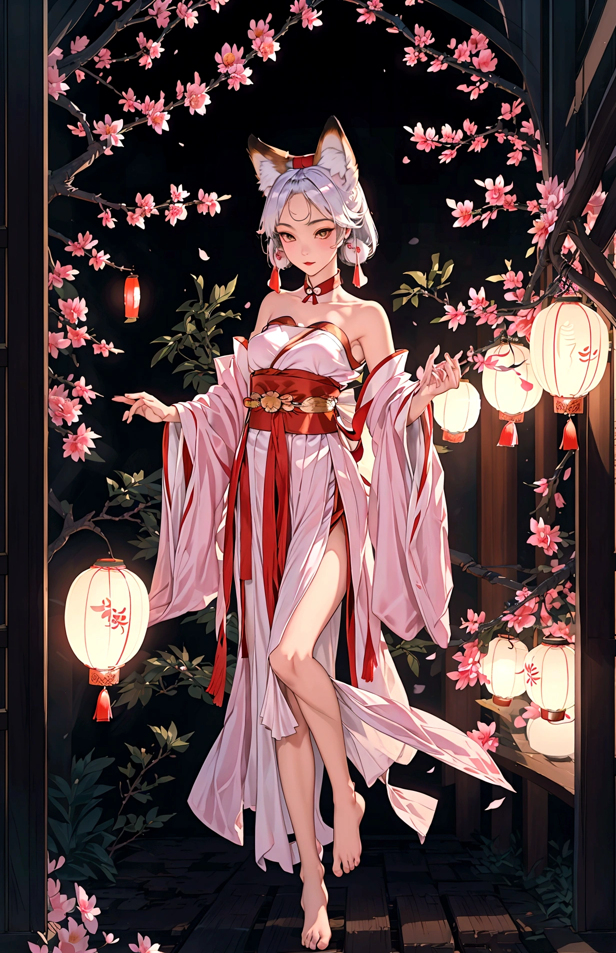 Masterpiece, best quality, full body shot (head and feet in the frame)(highly precise drawing down to the smallest detail)(extremely precise representation)a breathtakingly beautiful japanese yokai kitsune (fox goddess)accompanied by white fox(very athletic human body, fox ears, more than 3 foxtails)) dressed in (in typical color representation) a hanfu clothing worthy of a goddess with a beautiful headdress, fit, small breasts, paper lanterns and peonies, very detailed images, extremely detailed, complicated details, high resolution, super complex details, 