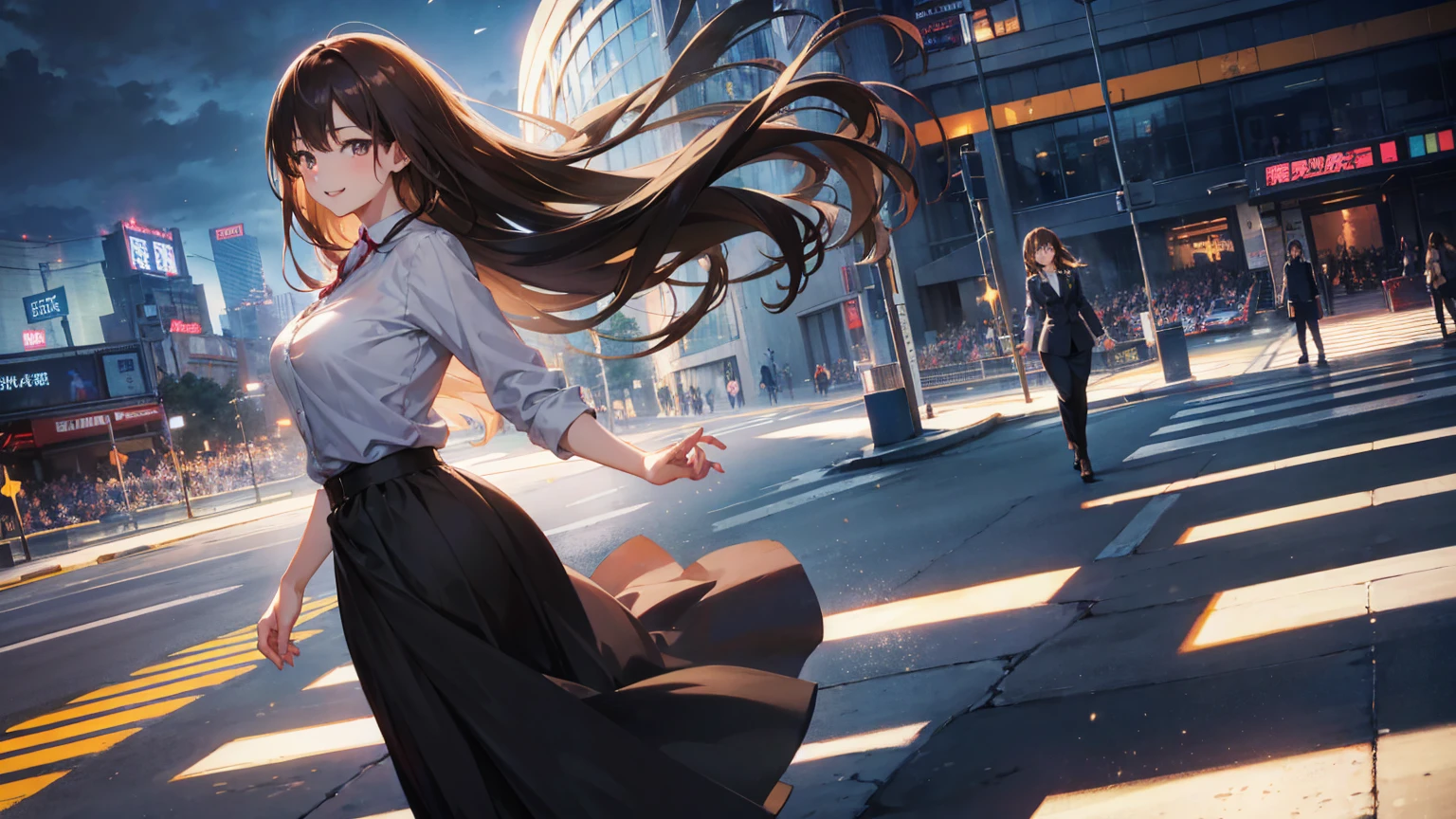 Anime Style, Film Portrait Photography, 1 Female, Laughter, smile, Beautiful woman, Full Body Lesbian, Straight hair, Brown Hair, Semi-long hair, Woman in a grey shirt, Woman in a business suit, Long skirt, Businesswoman,　(Natural skin texture and vivid details, Surreal)