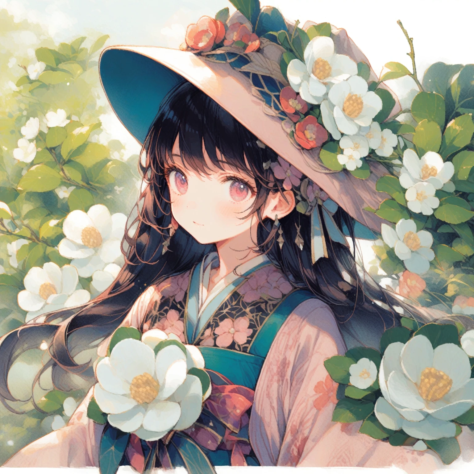 1girl、Summer Camellia Girl、Stewartia pseudocamellia、「Ephemeral beauty」「Loveliness」、Japanese stewartia、tegaki