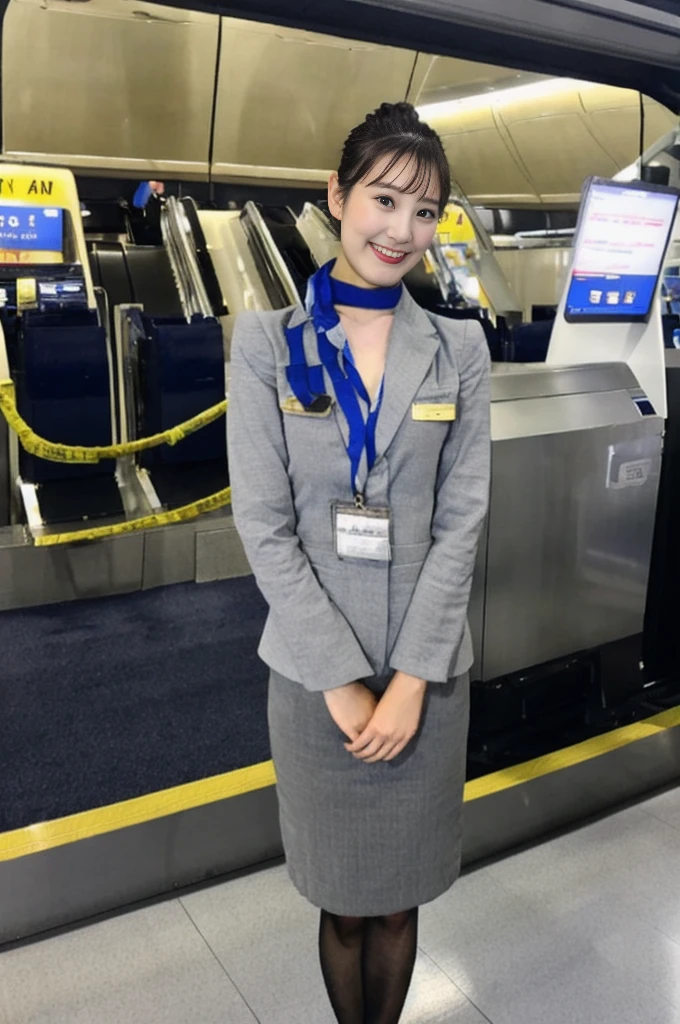 One Japanese woman、Airport terminalsでしゃがんでいる女性、((Full body photo:1.2))、24-years-old、stewardess、Cabin attendant、(Highest quality、masterpiece、high resolution、High resolution)、Light makeup、Beautiful woman、Perfect proportions、Beautiful feet、Detailed face and eyes、Moisturized lips、Beautiful black hair、(Nikon Z9 NIKKOR Z 50mm f/1.2 S 50mm F/11 1/40secs:1.2)、((RAW Photos、Photos like the real thing))、Updo、Look at you with a gentle smile、Airline Uniforms、ANA Uniforms、Gray Uniform、(Blue Shirt)、(Blue neck scarf:1.3)、Black high heels、Black pantyhose、Thin material pantyhose、(Airport terminals、Clean floor、Bright lighting)