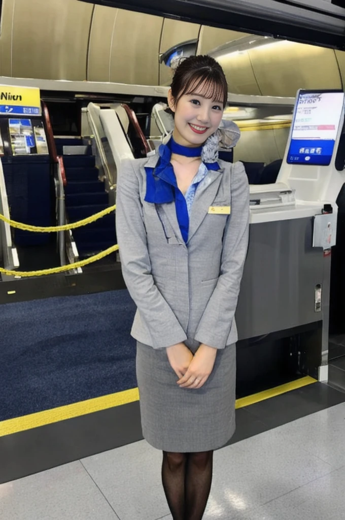 One Japanese woman、Airport terminalsでしゃがんでいる女性、((Full body photo:1.2))、24-years-old、stewardess、Cabin attendant、(Highest quality、masterpiece、high resolution、High resolution)、Light makeup、Beautiful woman、Perfect proportions、Beautiful feet、Detailed face and eyes、Moisturized lips、Beautiful black hair、(Nikon Z9 NIKKOR Z 50mm f/1.2 S 50mm F/11 1/40secs:1.2)、((RAW Photos、Photos like the real thing))、Updo、Look at you with a gentle smile、Airline Uniforms、ANA Uniforms、Gray Uniform、(Blue Shirt)、(Blue neck scarf:1.3)、Black high heels、Black pantyhose、Thin material pantyhose、(Airport terminals、Clean floor、Bright lighting)