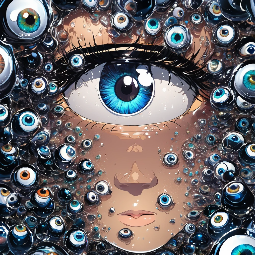 a detailed human head having ((multiple count of eyeballs)) in a , cosmic watery dimension using crystal clear effect , ((wet effect)) , shimmering vibrant , blackpitch background using hd , 32k high resolution, clear grahpic , high quality image in 32k resolution.