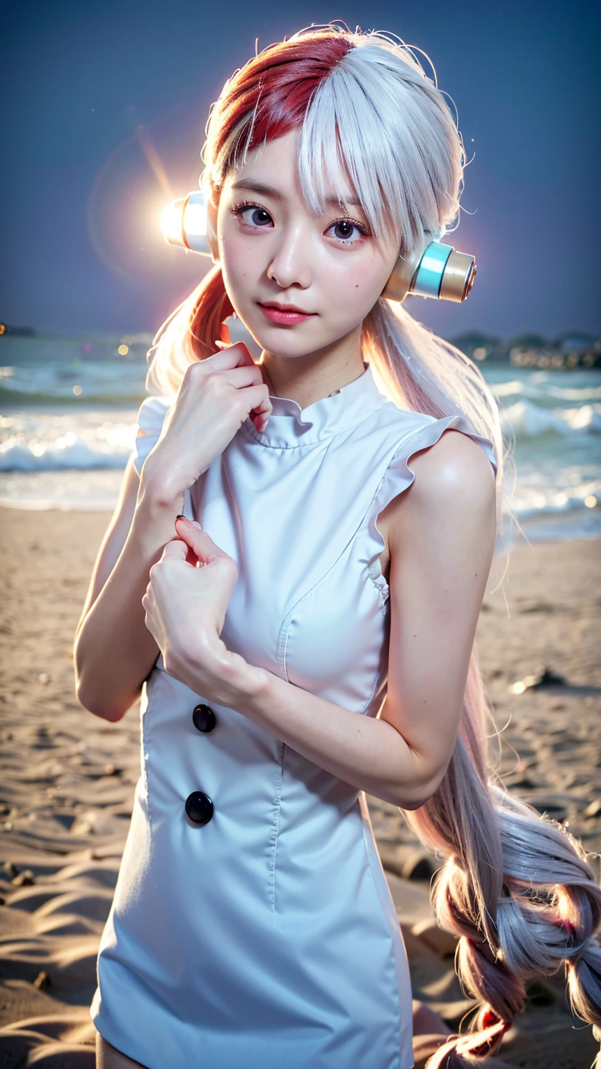 masterpiece Uta, one piece \(series\), Anime art style, masterpiece, Elegant white dress, Long red and white hair, One girl, alone, headphone, Red eyes, Looking at the audience, Beautiful Face, Detailed face, Mouth closed, Photo: Central body, elbow sleeve, Eyes visible through hair, Medium chest, V-shaped eyebrows, Detailed Background, Outdoor, Beach, null, (Super detailed), (8k, Complex), (85mm), Particles of light, Day, whole body, (Very detailed:1.2), (Gradation), SFW, colorful, (Detailed Background), (The rule of thirds_composition:1.3), (Course of action:1.2), Daylight, alone