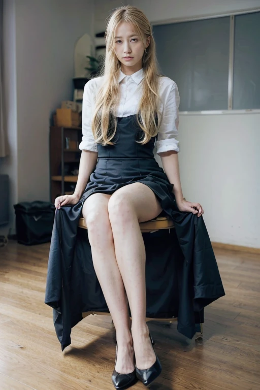 1 Girl, Long blond hair, Sitting in the classroom, Black school modern, Beautiful long legs,Sexy high heels,Japanese style