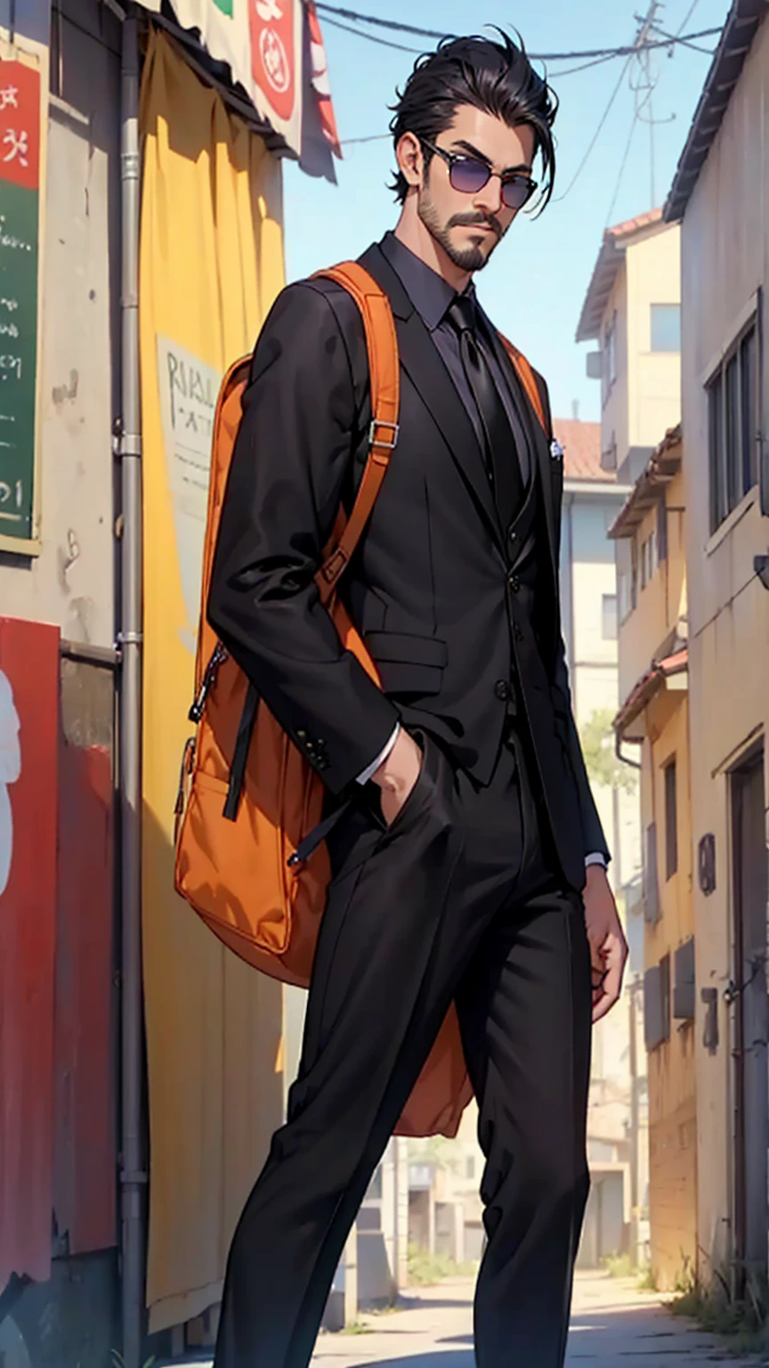 ((melhor qualidade)), ((Obra de arte)), ((detalhado)), only ONE YOUNG MAN with his back to the camera looking over his shoulder He is Caucasian has fair skin a thin nose short black hair and a beardless ONLY a mustache He is wearing black Rayban aviator sunglasses dressed in a black suit purple tie black dress shoes with gold details He is holding a brown canvas backpack. image png transparent background