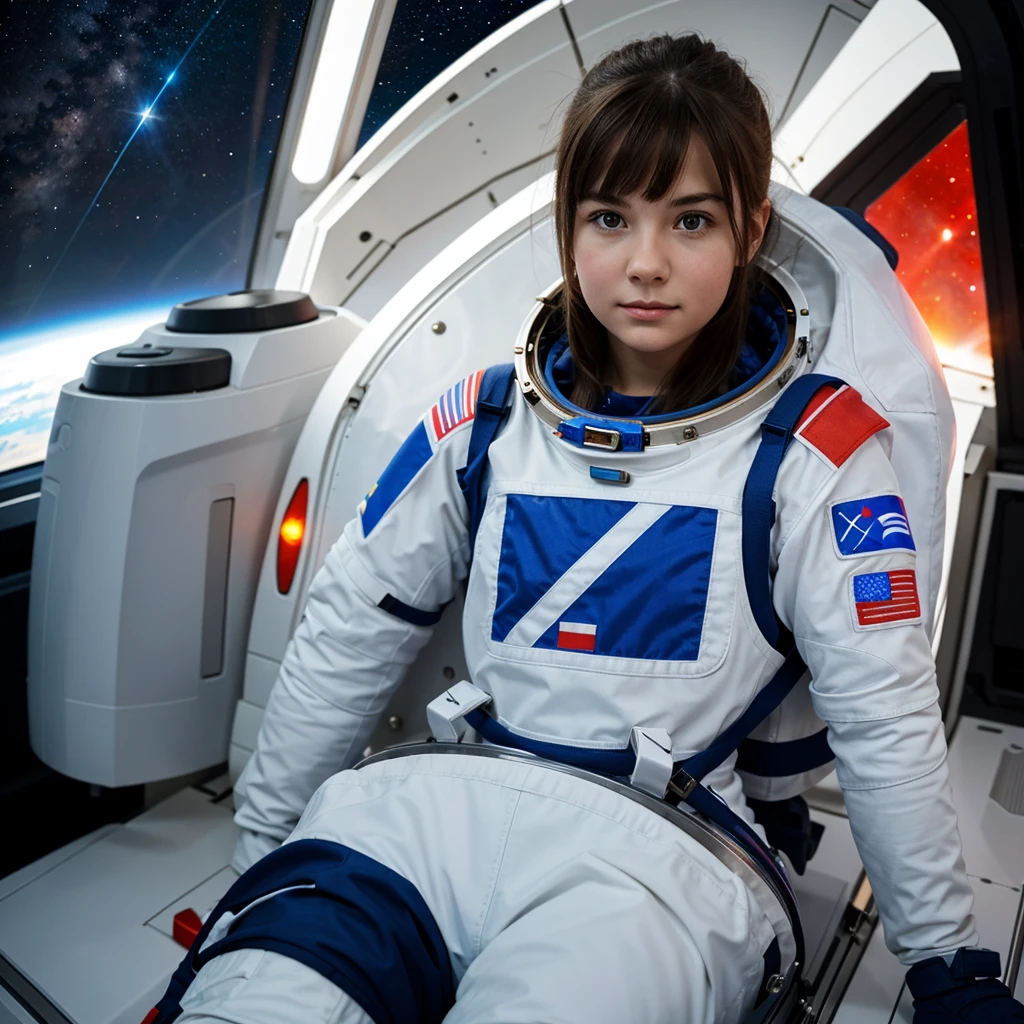 Girl in a spacesuit with a Russian flag on her shoulder, sits and looks into the eluminator