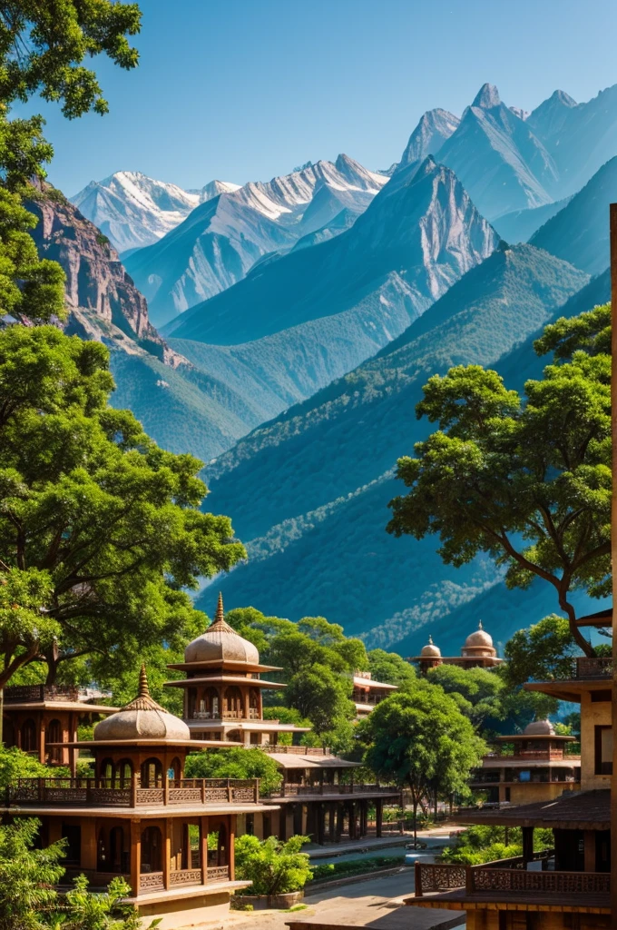 City built between trees and vegetation with mountains in the background of building with Indian and Persian style