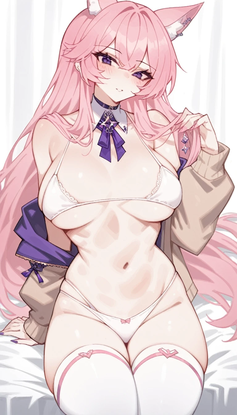 score_9, score_8_superior, score_7_superior, score_6_superior,1girl, pink hair, animal ears, solo, breasts, long hair, thighhighs, navel, underwear, panties, large breasts, virtual youtuber, purple eyes, white thighhighs, looking at viewer