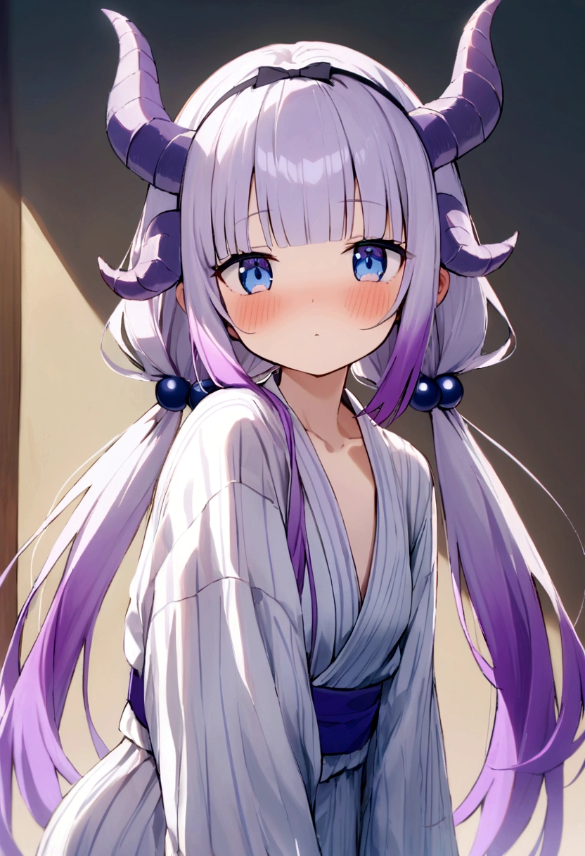 best quality, masterpiece, highres, solo, {yukata:1.40}, {kanna_kamui_kobayashisanchinomaidragon:1.15}, long_hair, light_purple_hair, blue_eyes, hair_ornament, bangs, blush, multicolored_hair, twintails, blunt_bangs, hair_beads, beads, hairband, gradient_hair, low_twintails, horns, dragon_horns, purple_hair