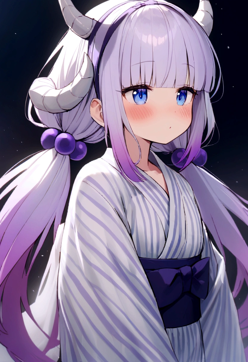 best quality, masterpiece, highres, solo, {yukata:1.40}, {kanna_kamui_kobayashisanchinomaidragon:1.15}, long_hair, light_purple_hair, blue_eyes, hair_ornament, bangs, blush, multicolored_hair, twintails, blunt_bangs, hair_beads, beads, hairband, gradient_hair, low_twintails, horns, dragon_horns, purple_hair