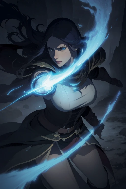 female mage in magical battle, full body, zoom out, intricate details, beautiful detailed eyes, beautiful detailed lips, extremely detailed face and features, long eyelashes, detailed fantasy armor, glowing magical energy, epic cinematic lighting, dramatic lighting, volumetric fog, fantasy landscape, moody atmosphere, vibrant colors, digital art, concept art style, masterpiece, best quality, 8k, high resolution, hyper detailed