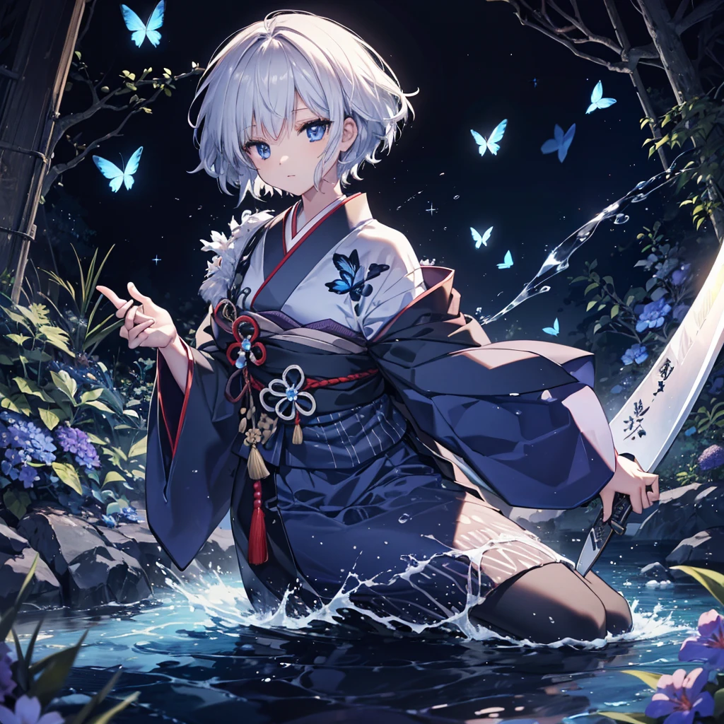 (((1 person)))　((High resolution　Gray Hair　short hair　Black kimono　Shoulder))　((Black Band　military commander　Lonely　despair　blue eyes))　((Blue Butterfly　night　Japanese style　old　Shining Aura　garden　water surface))　(dance　日本knife　knife　Slashing)　moon　star　Draw your sword　Slashing　Catch the wind　