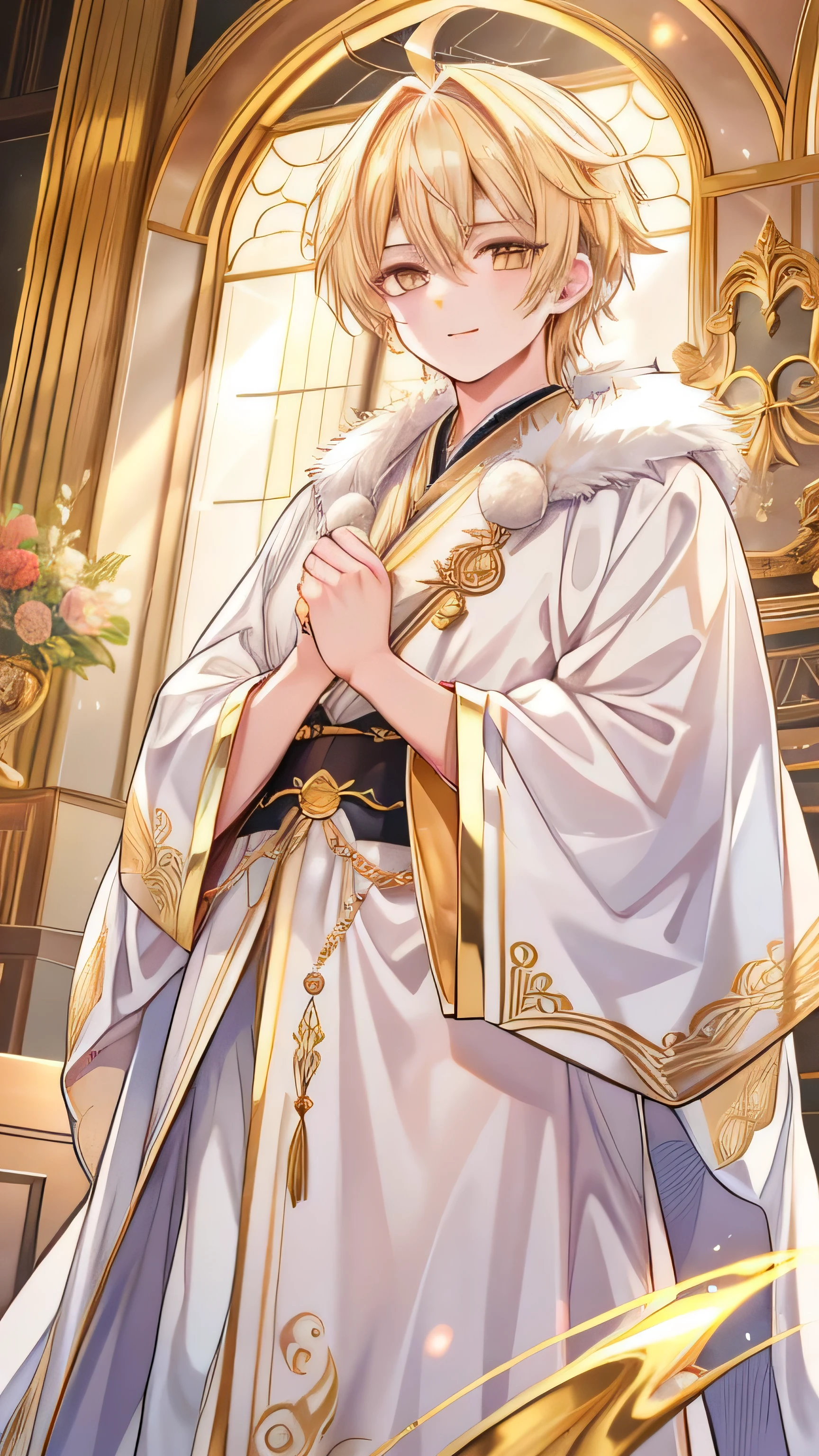Mature handsome boy、blond hair、Golden mighty dragon horn、Golden Eyes、gem pupil,dragon pupils、Handsome robe、Elegant smile、Gentleman's demeanor、Royal palace background、A golden dagger hovering on the fingertips