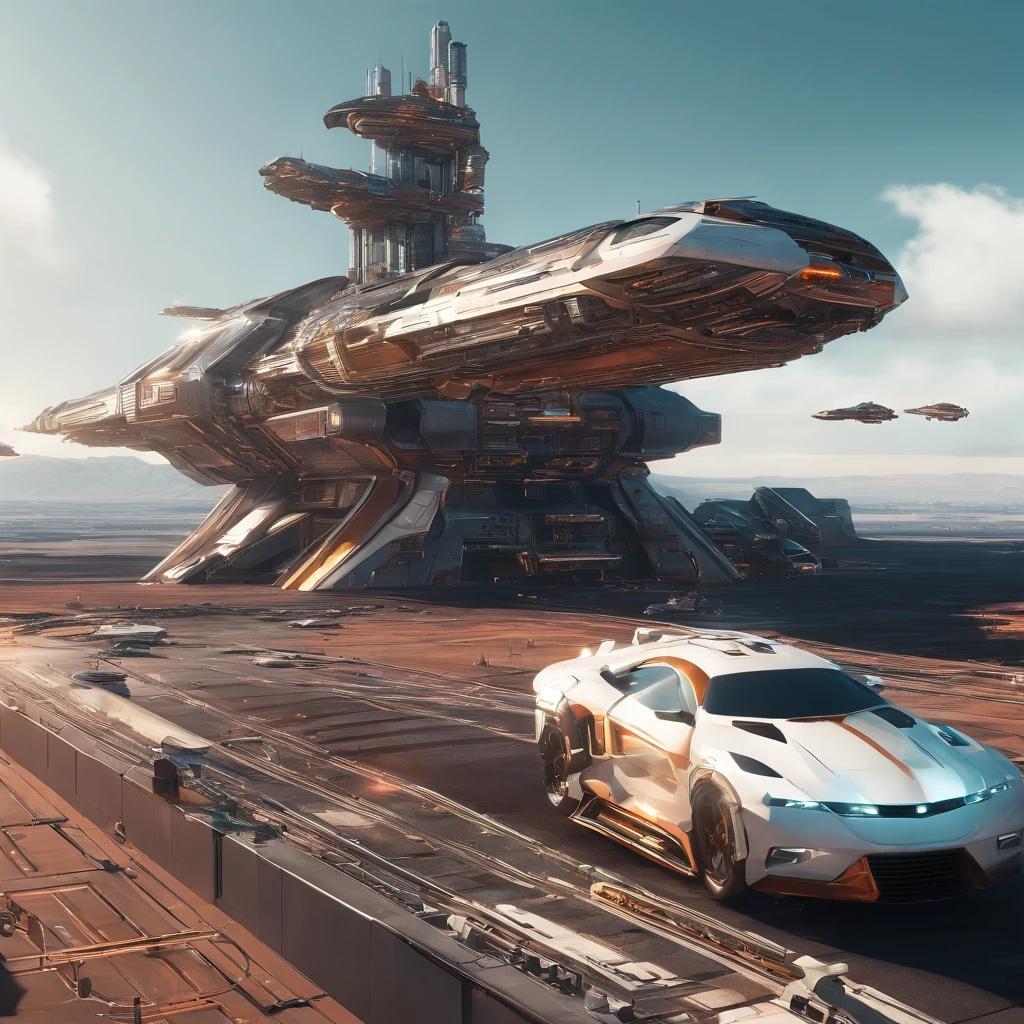 A stunning 3D render of a futuristic spaceship merging the iconic elements of J. Michael Straczynski's G'Quan Heavy Cruiser and a metallic green Mack Truck cargo hauler. The spaceship is a massive frigate with a sleek, ultramodern design, featuring a blend of metallic gold, dark vermilion, peach red, and a Renaissance Catholic Cross-inspired emblem. The spaceship floats in the vastness of space, juxtaposed against the backdrop of a massive space station, reminiscent of Larry Niven's style. The station is a colossal factory shipyard with a blend of dark beach orange and metallic accents, creating a stunning contrast against the blackness of space. The overall ambiance of the scene is cinematic and realistic, immersing the viewer in a breath, 3d render, cinematic.