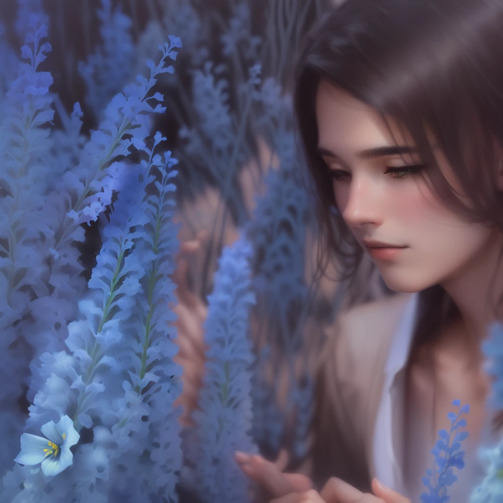 A young guy stands among delphiniums.