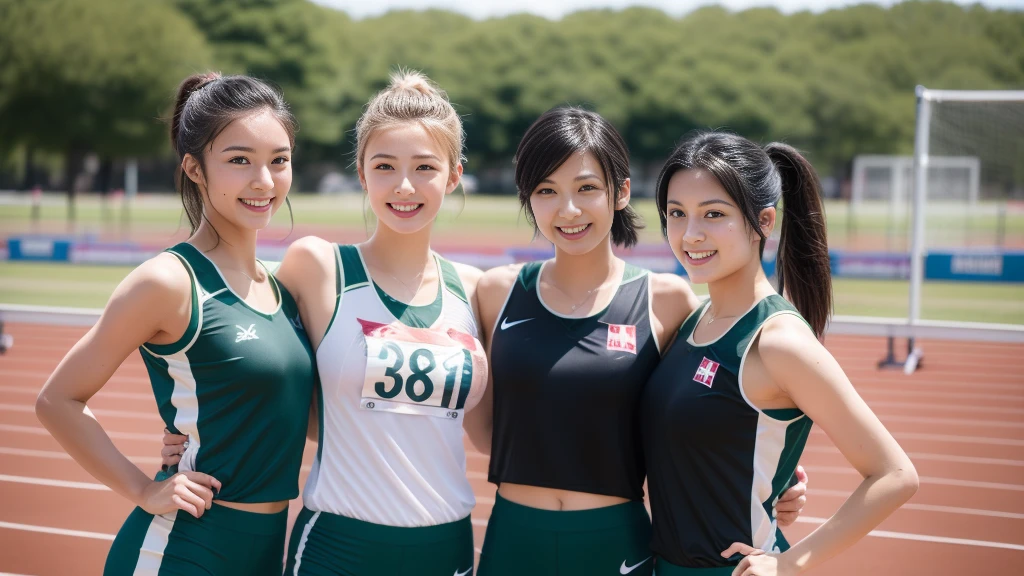 (((Full Body Lesbian)))、3 beautiful girls in Japan、3 shots、(((Track and field uniforms)))、((Shoulder-length black hair))、((Short Ponytail))、Two people posing、Hairy armpits、Perfect Style、Beautiful feet、cute、((Tracking & Women's Track and Field))、(((1 person)))、((forest、Mountain trail))、超絶cute、smile、Beautiful breasts、Full Body Lesbian、forest、Mountain trail、((Excellent style))、((Healthy Body))、 Photorealistic、Beautiful attention to detail、Hyperrealism、High Contrast、Ultra HD、Realistic skin texture、Best image quality、Highest quality、Ultra-high resolution、Fine details、With great care