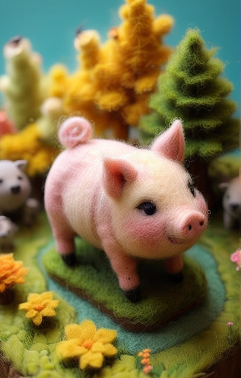 3d Retro Game (isometric felted tiny and cute kawaii pig:1.4) tiny farm, 8-bit Color Palette, Pixel Texture, Pixel Art Style, Isometric Perspective, highly detailed, vibrant colors, two tone lighting, soft smooth lighting, vibrant colors, 100mm lens, 3d blender render